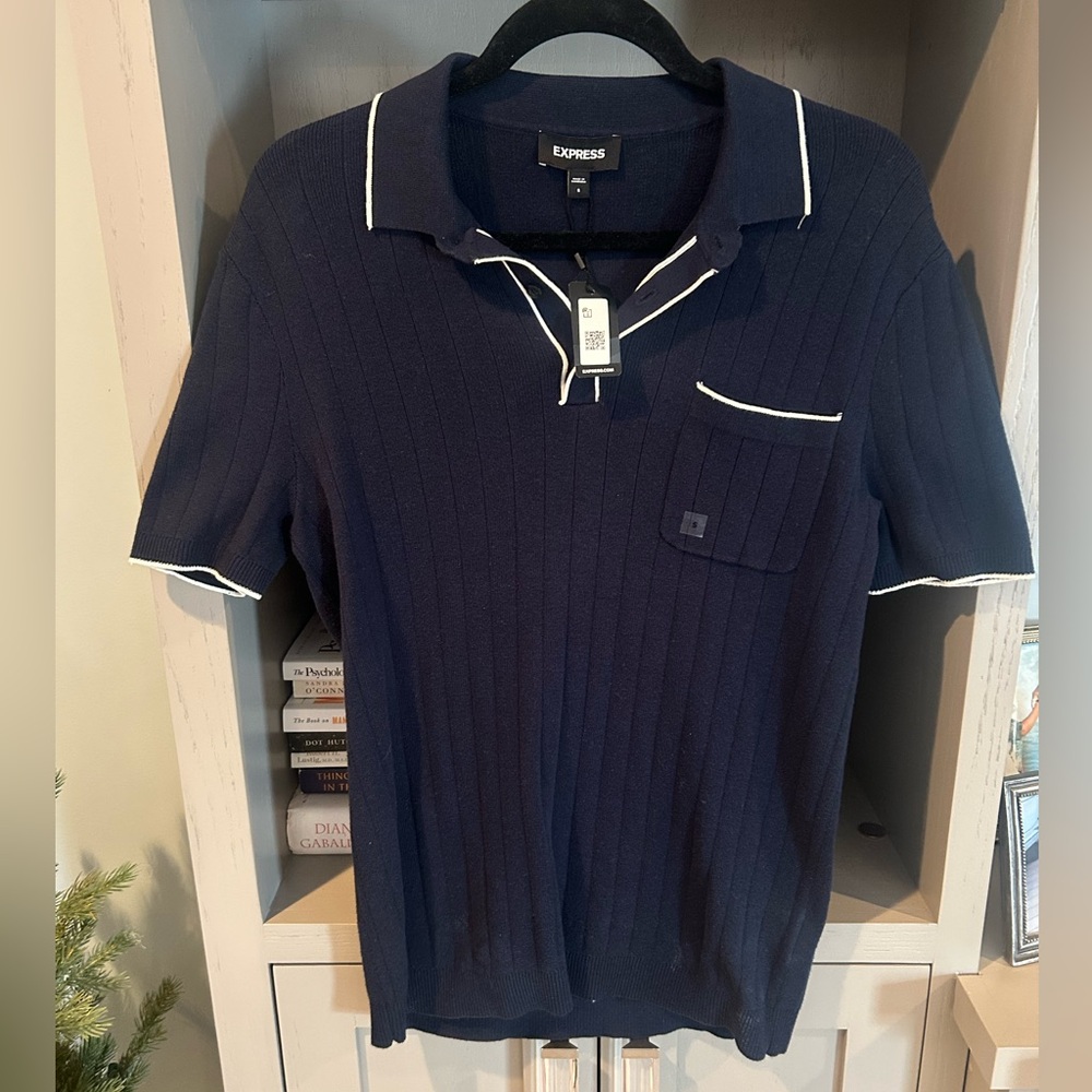 NWT Express Mens Dark Blue Polo with White Trim